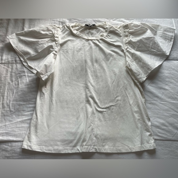 English Factory Mixed Media Ruffle Sleeve Blouse Top Medium White Minimalist - Picture 1 of 7